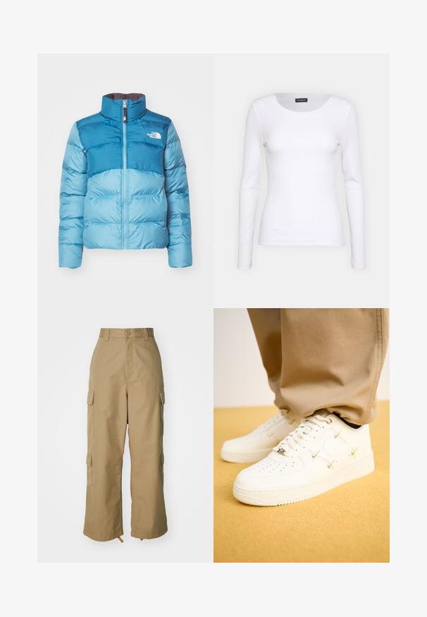 Giacca puffer blu con colletto alto, chiusura con zip e dettaglio con logo. Realizzata in tessuto liscio e lucido con design trapuntato.; Top a maniche lunghe bianco con collo rotondo. Realizzato in un tessuto elasticizzato che si adatta al corpo. Presenta delle sottili righe orizzontali.; Pantaloni cargo beige con vita alta, gamba ampia e quattro grandi tasche laterali. Realizzati in un tessuto resistente con una texture liscia e dettagli minimi.; Sneakers bianchi in pelle con punta perforata, dettagli dorati e lacci piatti, abbinati a pantaloni beige su una superficie gialla texturizzata.