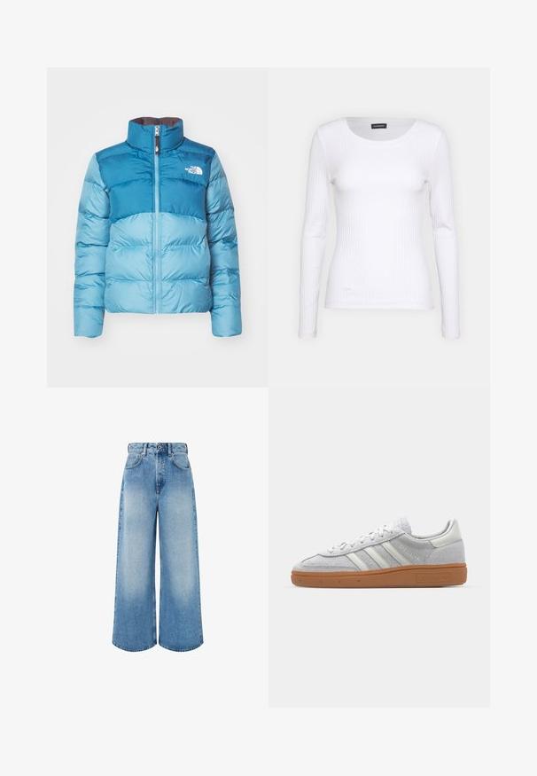 Mėlynas pūkinis paltas su aukštu apykakle, užtrauktuku ir logotipo detale. Pagamintas iš sklandžios, blizgios medžiagos ir suktą dizainą.; Balta, raukšlėta ilgarankovė palaidinė su apvalia iškirpte. Pagaminta iš elastingos medžiagos, kuri prisitaiko prie kūno. Pasipuošusi subtiliomis horizontaliosiomis linijomis.; Šviesiai mėlynos plačios kojų džinsinės kelnės, pagamintos iš džinsinio audinio, su aukštu liemeniu, mygtukų užsegimu ir subtiliu išblukimu, turinčiu švarius apdailos kraštus.; Šviesiai pilki zomšiniai sportbačiai su baltais odiniais akcentais, trimis baltomis juostelėmis ir rudą guminę pada, turintys paminkštintą apykaklę patogumui.