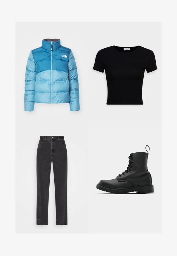 Casaco puffer azul com colarinho alto, fecho de zip e detalhe do logótipo. Feito com um tecido liso e brilhante, apresentando um design quiltado.; T-shirt preta de manga curta feita de tecido de algodão suave, com decote redondo e um design ajustado. Minimalista, sem padrões visíveis.; Jeans de ganga preta com pernas retas, cintura alta, com botão e fecho de correr à frente, e estilo de cinco bolsos, num fundo branco.; Bota de combate em couro preto com bico redondo, atacadores na parte da frente e um puxador no tornozelo. Apresenta uma sola de borracha grossa para maior durabilidade.