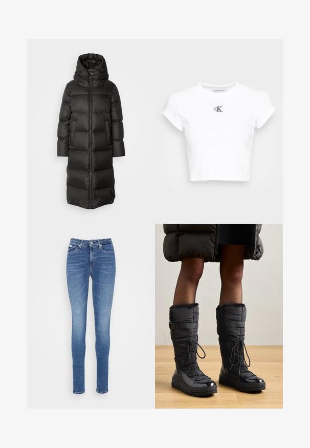 Marc O'Polo - Płaszcz puchowy; Biała krótka koszulka z materiału prążkowanego. Posiada okrągły dekolt i krótkie rękawy. Czarne haftowane logo "cK" na piersi.; Cienkie dżinsy w średnim niebieskim odcieniu, z wysokim stanem, gładką teksturą, dwoma przednimi kieszeniami i jedną tylną kieszenią.; Czarna kurtka puchowa do kolan z sztucznym futrem, błyszcząca, wodoodporna góra, teksturowana podeszwa i regulowane detale sznurowania.