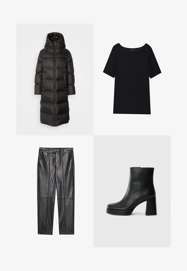 Marc O'Polo COAT FIXED HOOD WELT POCKETS SIDE SLITS BACKPACK BELTS - Kaput ispunjen paperjem - normal black; Crna majica s kratkim rukavima i širokim izrezom. Izrađena od mekog, laganog materijala. Jednostavan dizajn bez uzoraka ili detalja.; Crne kožne hlače s glatkom teksturom, ravnog kroja, s dva prednja džepa i vidljivim šavovima.; Crna kožna čizma do gležnja s blok petom i platformom, prikazana s bočne strane na jednostavnoj bijeloj pozadini.