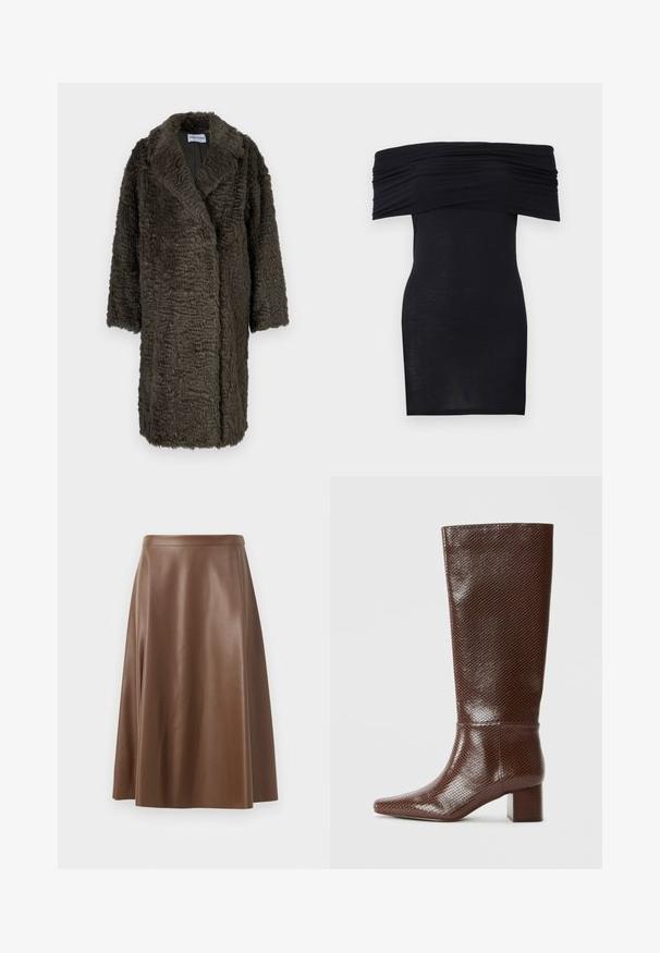 Ψευδοχέρι παλτό σε σκούρο ελαιόλαδο χρώμα. Oversized σχέδιο με γιακά-σοφία, που διαθέτει υφή στην επιφάνεια και μανίκια τριών τετάρτων.; Μαύρο φόρεμα off-the-shoulder με συγκεντρωμένο ντεκολτέ, στενή γραμμή και απαλό υφή. Μινιμαλιστικός σχεδιασμός, μήκους μέχρι το γόνατο χωρίς επιπλέον διακοσμητικά στοιχεία.; Καφέ δερμάτινη φούστα σε γραμμή Α με λεία υφή και μεσαίο μήκος. Διαθέτει στενή μέση και ελαφριά κλίση από τους γοφούς.; Καφέ μπότες μέχρι το γόνατο με υφή φίδι, τετράγωνη μύτη και ψηλό τακούνι σε λευκό φόντο.