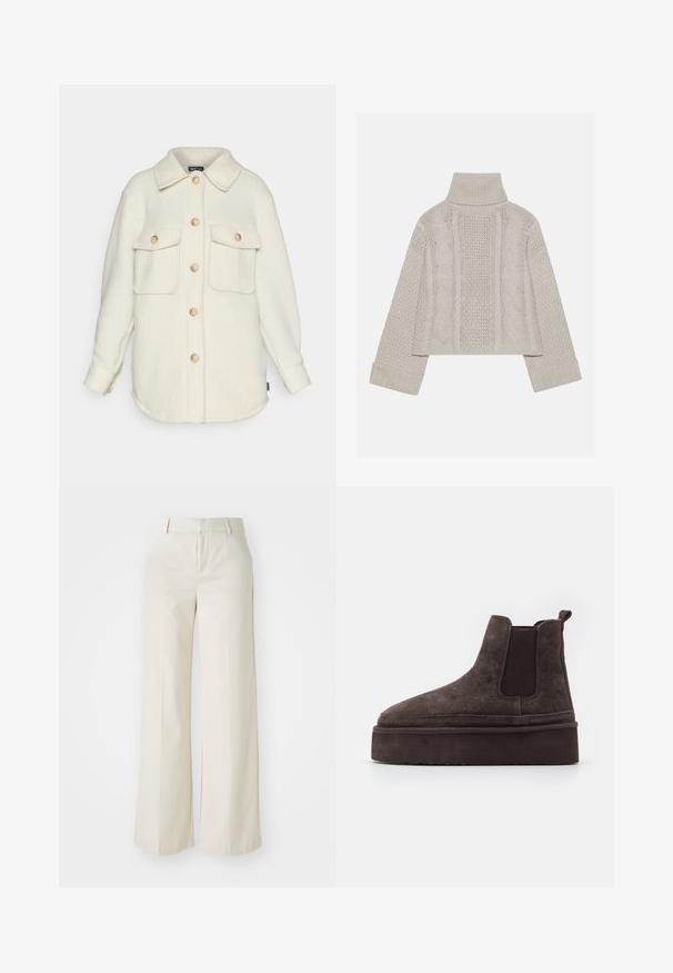 Krém színű, galléros, hosszú ujjú gyapjú ingdzseki, két elülső zsebbel. Világos fa gombokkal és kerekített aljjal rendelkezik.; Rövidített, világosszürke kötött pulóver magas gallérral és bordázott mandzsettákkal, hátul és az oldalakon texturált sodrott mintákkal.; Világos bézs színű, széles lábú nadrág, sima anyagból készült. Klasszikus derékrésszel és lapos elülső résszel, letisztult vonalakkal rendelkezik.; Barna nubuk Chelsea csizma elasztikus oldalsó panelekkel és vastag, textúrázott talppal. A saroknál található húzófül megkönnyíti a felhúzást.