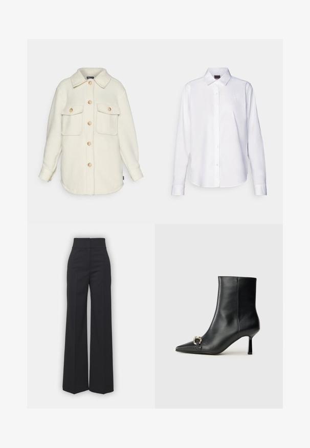 Kermainen fleece-paitajakku, jossa on kaulus, pitkät hihat ja kaksi etutaskua. Varustettu vaaleilla puunappeilla ja pyöristetyllä helmalla.; Valkoinen pitkähiha-mekko, joka on valmistettu puuvillasta. Ominaisuuksiin kuuluu klassinen kaulus ja hienovarainen brändi-ompelu rinnassa. Sileä rakenne.; Suorat lahkeet mustassa kankaassa, korkea vyötärö, siisti viimeistely ja sileä pinta. Ei näkyvää varustusta tai kuvioita.; Musta nahkasaapas nilkkapituisilla, terävillä kärjillä, hoikalla keskipituisella korolla ja hopeavöillä sivussa yksinkertaista taustaa vasten.