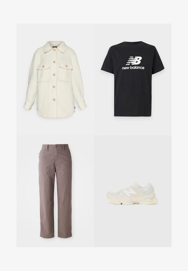 Kremna majica iz flisa s ovratnikom, dugim rukavima i dva prednja žepa. Ima svijetle drvene gumbe i zaobljen rub.; Črna bombažna majica s kratkimi rokavi, ki na sprednji strani prikazuje belo ikono New Balance in grafični dizajn. Ima okroglo izrezo.; Rjave bombažne twill hlače s ravnim krojem, ki imajo sprednje zapiranje na gumb in stranske žepke, gladko teksturo in čiste linije.; Lahki športni čevlji z zgornjim delom iz mrežastega materiala in antilopa v nežnih kremnih tonih, z debelim podplatom in tridimenzionalnimi poudarki.