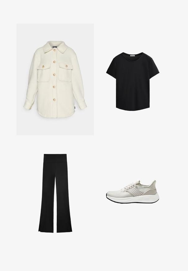 Krém színű, galléros, hosszú ujjú gyapjú ingdzseki, két elülső zsebbel. Világos fa gombokkal és kerekített aljjal rendelkezik.; Fekete, rövid ujjú póló kerek nyakkivágással és perforált hálós részletekkel a vállakon. Simaszerkezetű anyag, laza szabás, ívelt alj.; Fekete nadrág, széles szárakkal, magas derékkal és oldalsó hasítékokkal a könnyű mozgás érdekében. Simító, rugalmas anyagból készült.; Könnyű atlétikai cipő bézs hálós anyagból, textúrázott felülettel, fehér talppal és azonos színű oldal díszítéssel. Egyszerű fűzős kialakítás.