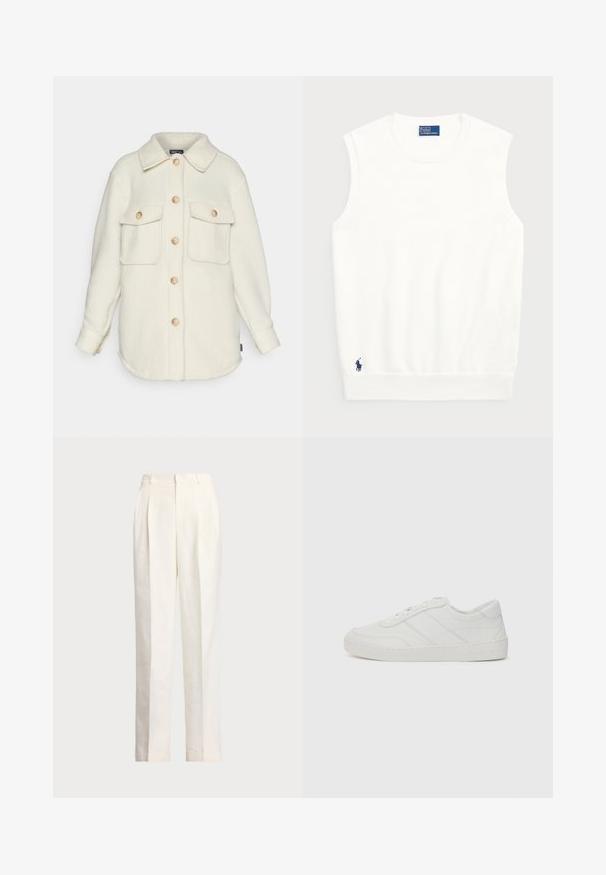Krém színű, galléros, hosszú ujjú gyapjú ingdzseki, két elülső zsebbel. Világos fa gombokkal és kerekített aljjal rendelkezik.; Fehér ujjatlan pulóver sima pamutból, bordás szegéllyel és kis sötétkék logóval a bal alsó részen. Egyszerű dizájn, minta nélkül.; Polo Ralph Lauren HEMP WIDE LEG PANT - Nadrágok - nevis; Fehér bőr sportcipő lapos fűzőkkel, kerek orral és finom varrási részletekkel. Bordázott talppal és dombornyomott márkainszigniával a sarokon.