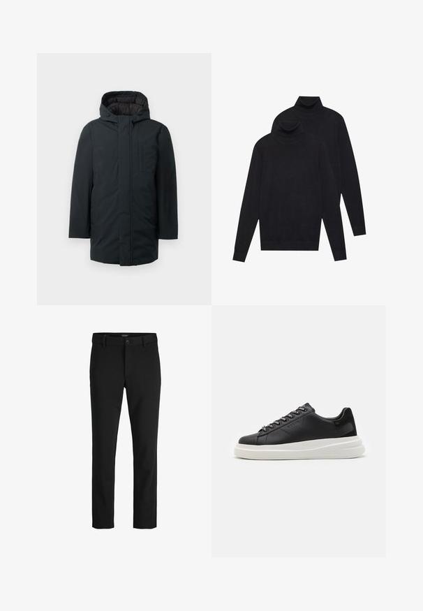 Svart isolert parka med hette, med glidelås foran, sidelommer og en glatt overflate. Minimalistisk design.; To svarte langermede genserne med høy hals, ensfarget strikket, stablet med den ene litt bak den andre på en hvit bakgrunn.; Sorte bukser laget av glatt stoff, med et klassisk design, rett snitt, frontlukking med knapp og sidelommer.; Svart lær sneakers med hvit gummisåle, med flate lisser og merkede lissehull. Myk tekstur med en kontrasterende sideaccent.