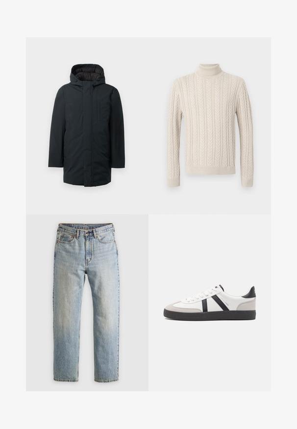 Černá zateplená parka s kapucí, vybavená předním zipem, bočními kapsami a hladkým povrchem. Minimalistický design.; Beige pletený svetr s vysokým, vroubkovaným rolákem. Obsahuje texturovaný kabelkový vzor a vroubkované manžety a lem, což mu dodává útulný vzhled.; Svetle modré džíny z denimu s vysokým pasem, předním knoflíkem, zipem a designem s pěti kapsami, ležící rovně na neutrálním pozadí.; Bílé tenisky s černými a šedými akcenty, opatřené texturovaným šedým prstovým krytem, černou gumovou podrážkou a plochými bílými tkaničkami. Čistý design, minimalistický styl.