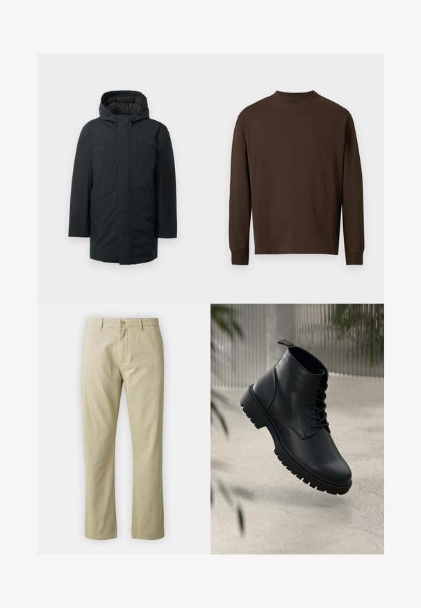 Must have kapuutsiga must isoleeritud parka, millel on eesne tõmblukk, küljetaskud ja sile välispind. Minimalistlik disain.; Pruun pikkade varrukatega särk pehmest kangast, ümmarguse kaelusega ja sirge lõikega, ilma silmapaistvate mustrite või detailideta.; Beezid puuvillased püksid sirge sääre kujundusega, esitasku nuppude sulgemise ja vööde abil. Sile tekstuur, ilma nähtavate mustrite või aktsentideta.; Mustad mustad nahast ankle saapad, ümmarguse nina, nööbidest sulgemise ja robustse kummitald. Sile tekstuur ja tõmbetab tagaküljel.