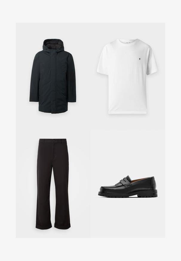 Parka isolante preto com capuz, apresentando um fecho frontal com zíper, bolsos laterais e uma textura exterior suave. Design minimalista.; T-shirt de algodão branca com gola redonda, mangas curtas e um pequeno logotipo preto no peito. Textura suave, corte casual.; Calças pretas com um corte reto, feitas de tecido leve. Apresentam um fecho clássico com botão e punhos dobrados na bainha.; Os mocassins de couro preto apresentam uma costura elevada, duas tiras decorativas na parte superior e uma sola grossa e texturizada para maior aderência.