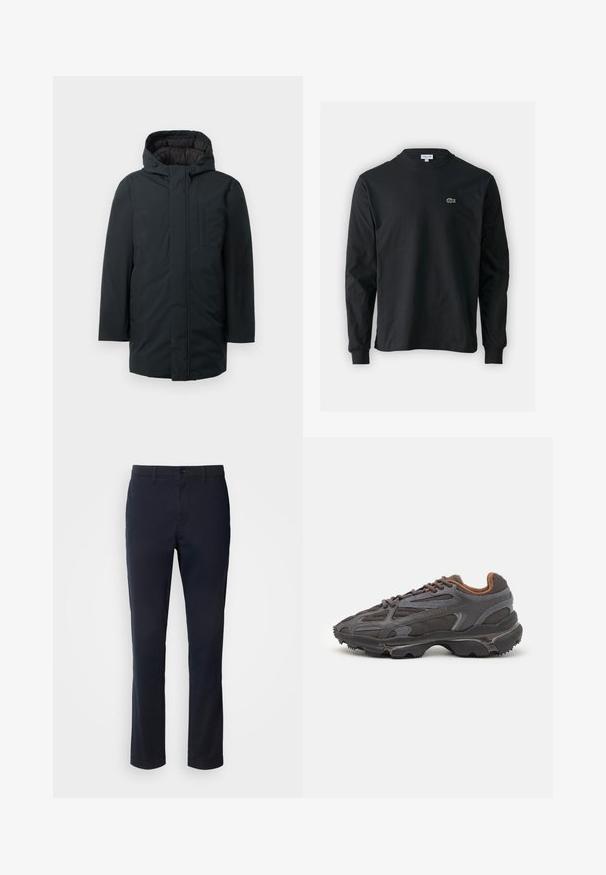 Svart isolerad parka med huva, med dragkedja fram, sidofickor och en slät yta. Minimalistisk design.; Svart långärmad t-shirt i bomull, med rund halsringning och en liten grön broderad krokodil-logotyp på vänster bröst.; Mörkblå byxor i slätt tyg, med rak bendesign, bälteshällor och knappstängning med dragkedja.; Lacoste-sneakers i mörkgrått med nät och syntetmaterial, med en strukturerad sula och bruna detaljer på kragen och varumärket.