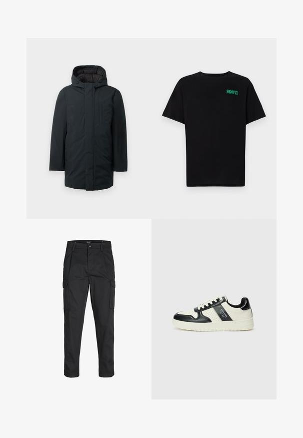 Črni izolirani park s kapuco, z zadrgo spredaj, stranskimi žepi in gladko zunanjo teksturo. Minimalistična zasnova.; Črna majica iz bombaža z kratkimi rokavi. Na sprednji strani ima zeleno logotip "ROOTS", okroglo ovratnico in standardno prileganje.; Črne cargo hlače iz trdnega blaga, ki imajo več žepov, gumbasto zapiranje in ozek kroj z zožanimi nogami.; Usnjeni športni čevlji z črno in krem barvno shemo, ki vključujejo perforirane dodatke, podložen ovratnik in strukturirano podplat.
