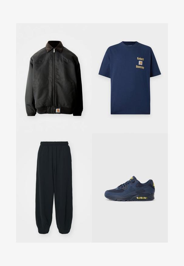 Svart bomberjakke med glidelås, brunt kordfløyelskrage, elastiske mansjetter og nederkant, med en firkantet logopatch nederst foran.; Mørk blå bomull t-skjorte med korte ermer, med gulltekst "Carhartt University" og et logo-patch på venstre bryst.; Sorte, joggebukser med elastisk liv, løs passform, mansjetter på ankler, glatt tekstur og uten synlige mønstre eller hardware-detaljer.; Marineblå Nike Air Max sneakers med overdel i ruskind og mesh, med gule detaljer, snørebånd fortil og synlig luftdæmpning i sålen.