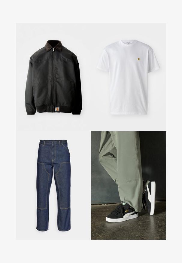 Zwarte bomberjack met een rits, een bruin corduroy kraag, elastische manchetten en zoom, voorzien van een vierkante logo patch aan de onderzijde van de voorkant.; Witte katoenen t-shirt met korte mouwen en ronde hals, voorzien van een klein gouden logo op de linkerkant van de borst. Zachte textuur en een normale pasvorm.; Donkerblauwe denim jeans met een hoge taille, rechte pijpen, contrasterende stiksels en opgestikte zakken aan de voorkant.; Zwarte suède sneakers met witte rubberen zolen en zijstrepen, gecombineerd met lichtgroene cargobroeken, staande op een gestructureerd donker oppervlak.