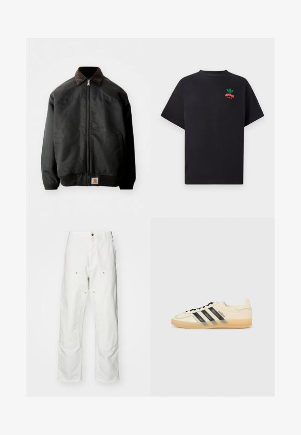 Giacca bomber nera con chiusura a zip, collo in velluto a coste marrone, polsini e orlo elasticizzati, con logo quadrato ricamato nella parte inferiore frontale.; T-shirt di cotone nero con maniche corte, dotato di un design del logo Adidas verde e rosso sul petto. Taglio semplice e rilassato.; Pantaloni cargo bianchi in cotone con vestibilità rilassata. Tra le caratteristiche ci sono tasche frontali, dettagli in metallo dorato e sezioni rinforzate sulle ginocchia.; Sneaker di colore crema chiaro con design a tre strisce nere, tomaia testurizzata, punta rotonda e suola in gomma. Presenta lacci e branding sul lato.