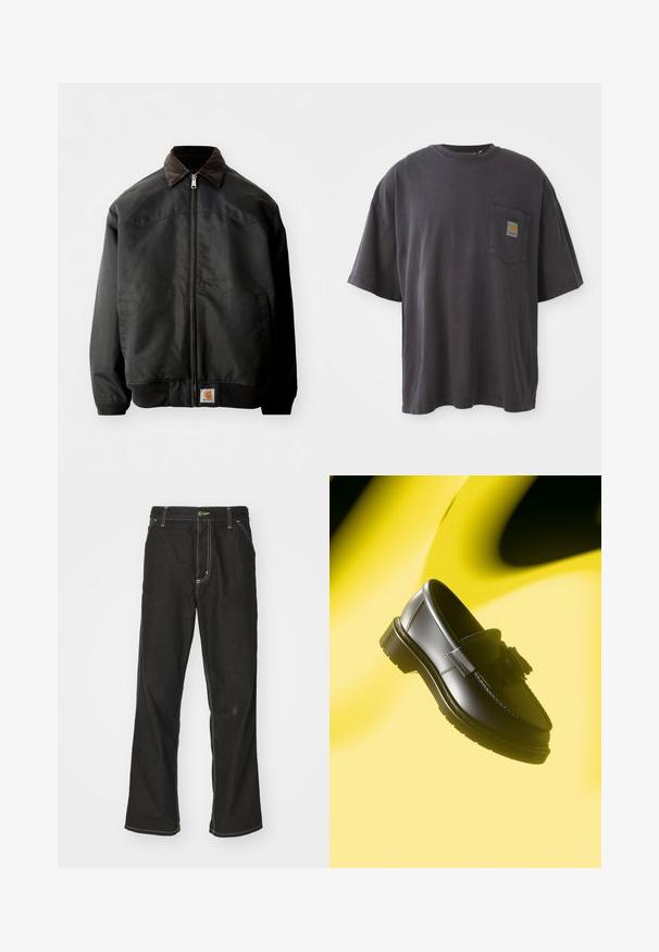 Schwarze Bomberjacke mit Reißverschluss, braunem Cordkragen, elastischen Bündchen und Saum, ausgestattet mit einem quadratischen Logo-Patch an der unteren Vorderseite.; Schwarzes Baumwoll-T-Shirt mit kurzen Ärmeln, rundem Halsausschnitt und einer linken Brusttasche mit einem quadratischen Logo-Patch. Schlichtes und unauffälliges Design.; Schwarze Denim-Jeans mit lockerer Passform, kontrastierenden weißen Nähten, einem Knopfverschluss und geradem Bein.; Schwarze Lederhalbschuhe mit einer dekorativen Quaste, die eine gestickte Kante und eine dicke, strukturierte Sohle aufweisen. Vor einem gelben Hintergrund.