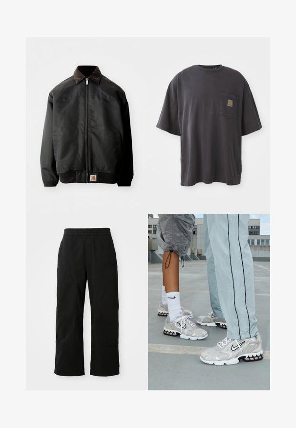 Mustast bobritagi, millel on tõmblukk, pruuni puuvillase kanga krae, elastsed varrukad ja alläär, ning mille ees on ruudukujuline logo triip.; Mustad must t-särk lühikeste varrukatega, ümar kaelus ja vasakul rinnal tasku ruudukujulise logoplaadi näitega. Lihtne ja ilma embellishmentsita disain.; Mustad puuvillased püksid, millel on elastne vöökoht, laiad sääred ja suured küljetaskud. Kanga välimus on pehme ja sile.; Nike spordijalatsid hõbedasest võrkmaterjalist, millel on valged paelad, must swooshi logo ja must-punane õhkpadi vahetald.