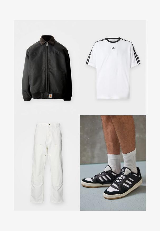 Svart bomberjakke med glidelås, brunt kordfløyelskrage, elastiske mansjetter og nederkant, med en firkantet logopatch nederst foran.; Hvit T-skjorte laget av bomull, med svart rund hals og tre svarte striper på hver skulder. Liten svart logo på brystet.; Hvite bomullscargo bukser med avslappet passform. Funksjoner inkluderer frontlommer, gullfargede detaljer og forsterkede knepartier.; Sorte og hvite sneakers med overdel i semsket skinn og lær, med tre hvite striper, perforert tå og en såle av gummi.