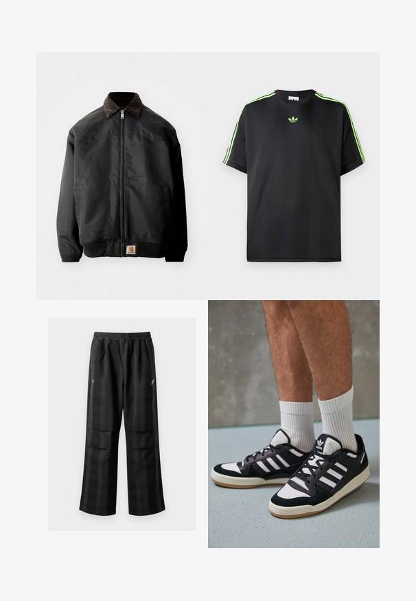 Black bomber jacket with a zip closure, brown corduroy collar, elastic cuffs, and hem, featuring a square logo patch at the lower front.; Black T-shirt made of smooth fabric with a crew neckline, featuring three green stripes on the shoulders and a small green logo on the chest.; Black plaid pants featuring an elastic waistband, two front pockets, and a loose fit with a straight leg design. Made from lightweight material.; Black and white sneakers with a suede and leather upper, featuring three white stripes, a perforated toe, and a gum rubber sole.