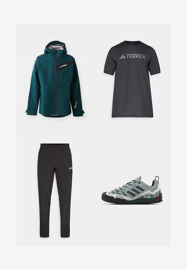 Teal vattentät jacka med huva, dragkedja, svarta accenter och en logotyp. Har justerbara ärmslut och en framficka med dragkedja. GORE-TEX-material.; Svart kortärmad t-shirt gjord av lätt tyg, med en ljusgrå "TERREX"-logotyp över bröstet och rund halsringning.; Svarta träningbyxor med resårmidja, två blixtlåsfickor på sidorna och en logotyp på den övre högra låret. Slät, lättviktsmaterial.; Grå klätterskor med entexturerad ovandel, svart gummikåpa på tån, tre mörka ränder och en liten röd accent på sulan.