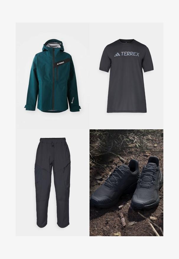 Vodikotporna jakna v teal barvi s kapuco, zadrgo, črnimi detajli in logotipom. Ima nastavljive manšete in sprednji žep z zadrgo. Material GORE-TEX.; Črna majica s kratkimi rokavi iz lahkega materiala, ki ima odtisnjen svetlo sivi logotip "TERREX" čez prsi in okrogel izrez.; Črne cargo hlače iz lahkega, vodoodpornega materiala; imajo elastični pas, več žepov z zadrgo in ožja hlačnica.; Črne športne čevlje z teksturiranim pletenim zgornjim delom, ojačanim prstom in podplatom s podlogo, prikazane na zemeljskem terenu z raztresenimi vejicami.