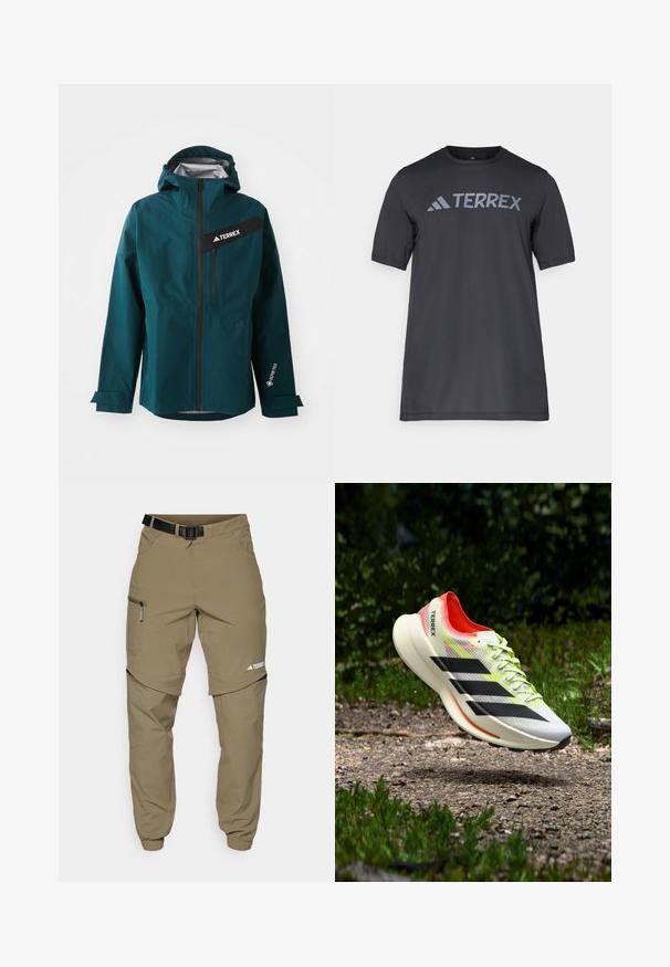 Veste imperméable teal avec capuche, fermeture éclair, accents noirs et logo. Dispose de poignets ajustables et d'une poche zippée à l'avant. Matière GORE-TEX.; T-shirt noir à manches courtes en tissu léger, arborant un logo « TERREX » gris clair sur la poitrine et un col rond.; Pantalon de plein air beige avec ceinture, poches latérales zippées et bas élastiques. Dispose d'un système à fermeture éclair amovible pour plus de polyvalence et d'une texture lisse.; Chaussure de course légère blanche avec des rayures noires, des accents rouges et des lacets jaunes ; dotée d'une tige texturée et d'une semelle rembourrée.