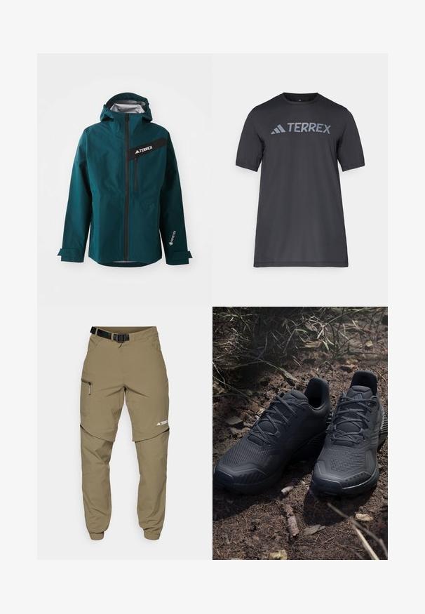 Tamsiai žalia vandeniui atspari striukė su gobtuvu, užtrauktuku, juodais akcentais ir logotipu. Yra reguliuojamos rankogaliai ir priekinis užtrauktuko kišenė. Pagaminta iš GORE-TEX medžiagos.; Juodas trumpų rankovių marškinėliai iš lengvo audinio, su šviesiai pilku „TERREX“ logotipu krūtinėje ir apvaliu iškirpimu.; Kaki lauko kelnės su reguliuojamu juodu diržu, užtrauktukais užsegamomis kišenėmis, siaurėjančiais klešniais ir nuimamomis apatinėmis dalimis, skirtomis įvairiems stiliams.; Juodi sportiniai batai su tekstūriniu megztu paviršiumi, sustiprinta nosimi ir paminkštintu padu, išdėstyti ant žemės, kurioje išsibarsčiusios šakelės.