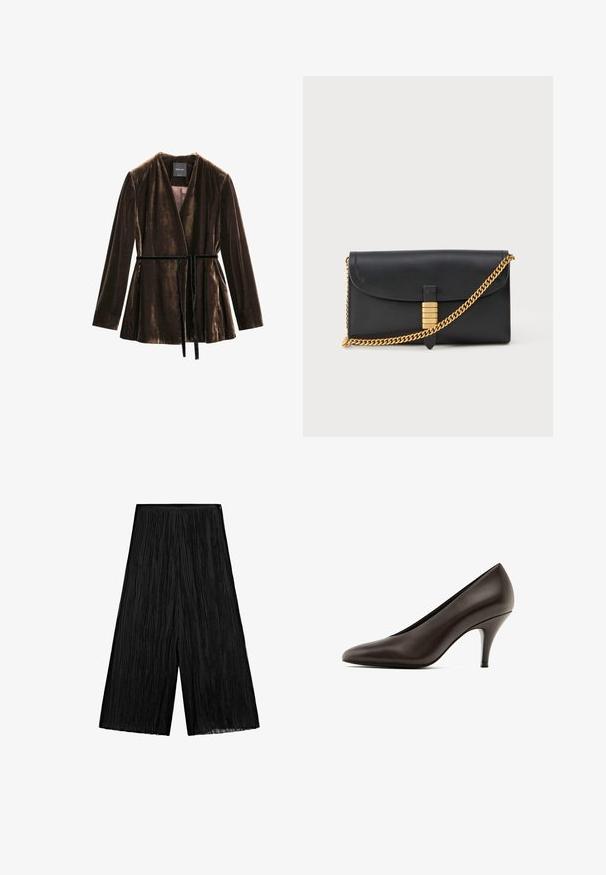 Brown velvet wrap jacket with long sleeves, v-neckline, and a matching fabric tie belt. Smooth texture with subtle sheen.; Brown fabric with a soft texture, featuring visible stitching and a circular logo tag partially obscured by fabric folds.; Black pleated wide-leg pants made from a textured fabric, featuring a high waist and a flowing silhouette. No visible hardware or accents.; Brown leather high-heeled pump with a pointed toe, sleek silhouette, and a slender, slightly metallic heel. Smooth texture, minimal accents.; Black leather clutch with a fold-over flap, gold chain strap, and a decorative gold accent with raised letters, smooth texture.