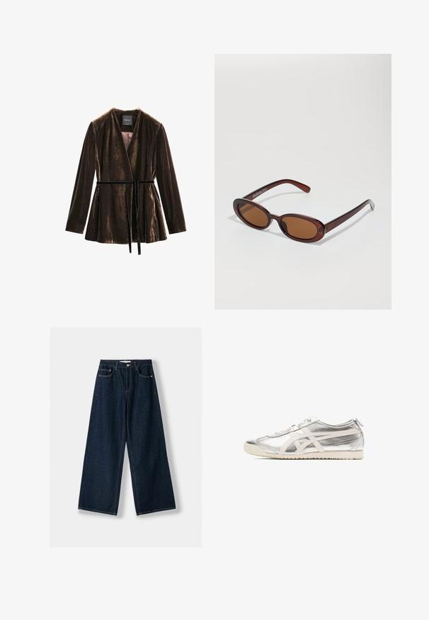 Brown velvet wrap jacket with long sleeves, v-neckline, and a matching fabric tie belt. Smooth texture with subtle sheen.; White long-sleeve shirt made of soft fabric. Features a fitted design with gathered detailing at the waist and a round neckline.; Dark blue, wide-leg jeans made of denim. Features five pockets, a button and zipper closure, and contrast stitching details.; Silver athletic shoe with shiny metallic upper, light beige accents, flat laces, and textured sole. Classic design with streamlined shape.; Round, brown-tinted sunglasses with a glossy burgundy frame. Slim arms with subtle branding detail. Flat lens design.