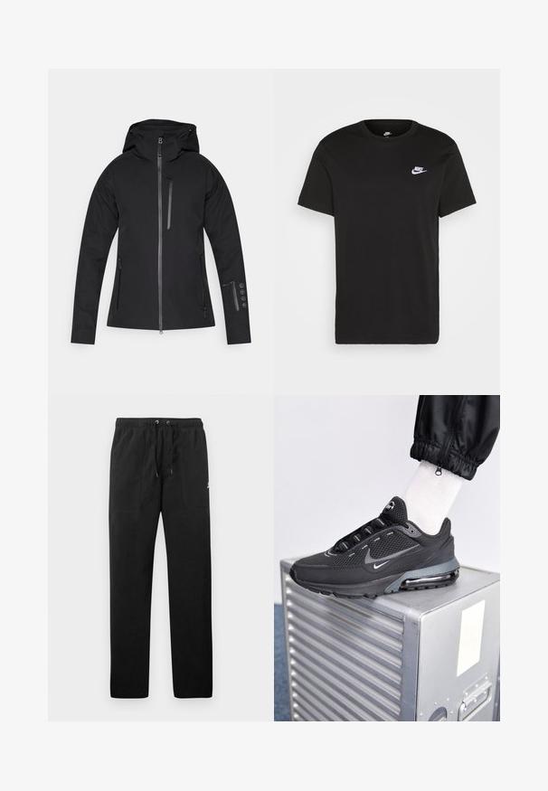 Schwarze wasserdichte Jacke mit Kapuze, ausgestattet mit einem vorderen Reißverschluss, Seitentaschen und einer Reißverschlusstasche am Ärmel mit Knopfdetails.; Schwarzes Baumwoll-T-Shirt mit kurzen Ärmeln, Rundhals und kleinem weißem Nike-Logo auf der oberen linken Brust. Glatte Textur. Klassische Passform.; Schwarze Sweatpants aus Fleece, mit einem elastischen Bund mit Kordelzug, zwei Fronttaschen und einem kleinen Logo auf dem Oberschenkel.; Nike Sportswear PULSE - Sneaker low - black/anthracite