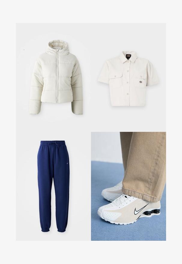 Hvit avkortet pufferjakke med hette, frontlukking med glidelås, sydde paneler, og en liten logo på brystet. Glatt, polstret tekstur.; Kortermet, kort topp i hvit bomull med to brystlommer, knappestolpe foran og et logo-merke på venstre lomme.; Mørkeblå joggebukser laget av mykt stoff, med elastisk linning med snøring, elastiske mansjetter og en liten hvit logo.; Hvide og beige Nike sneakers med perforeret design, sort swoosh-logo, tekstureret overdel og karakteristisk fjederagtig sort hæl.