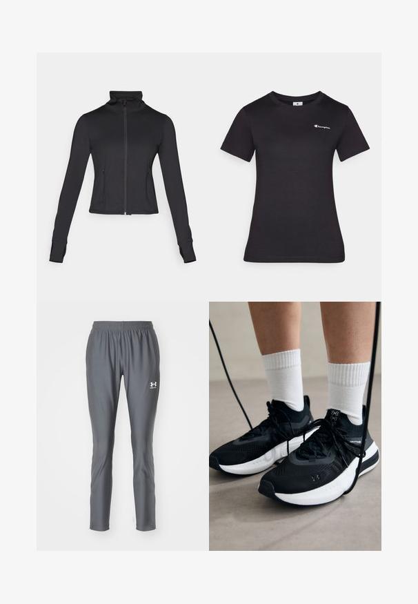 Casaco preto com fecho éclair, colarinho alto, mangas longas e bolsos frontais. Feito de um tecido liso e elástico com um design ajustado.; Camiseta preta de manga curta feita de algodão, com um pequeno logótipo bordado no peito. Design clássico de gola redonda com uma textura suave.; Calças de treino cinzentas feitas de um material liso e leve, com uma cintura elástica e pernas ajustadas, apresentando um pequeno logótipo branco.; Sapatilhas desportivas pretas com tecido texturizado, sola branca e atacadores pretos. Usadas com meias brancas caneladas, a pé sobre uma superfície clara.