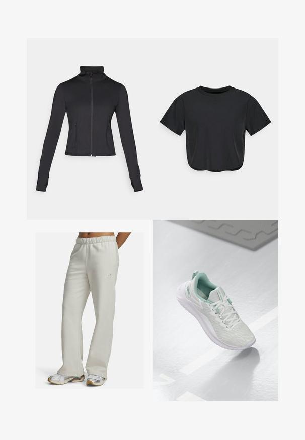 Schwarze Zip-Jacke mit hohem Kragen, langen Ärmeln und Vordertaschen. Hergestellt aus einem glatten, dehnbaren Stoff mit einer figurschmeichelnden Passform.; Schwarzes, kurz geschnittenes T-Shirt aus weichem Material, mit Rundhalsausschnitt, kurzen Ärmeln und lockerer Passform. Dezente Nähte.; Hellgraue Jogginghose aus weichem Material. Sie verfügt über einen elastischen Bund und ein kleines Logo auf dem linken Oberschenkel. Ausgestellte Beinform.; Hellgraue Sportchuhe mit einem strukturierten Strickoberteil, mintgrünen Akzenten, weißen Schnürsenkeln, Gummisohle und einer Schlaufe an der Ferse.