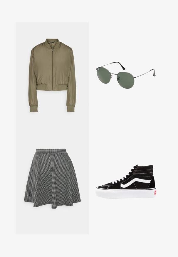 Chaqueta bomber recortada en verde oliva, hecha de tela suave. Presenta un cierre frontal con cremallera, puños acanalados y un dobladillo acanalado.; Dos camisetas sin mangas en negro y blanco, hechas de algodón acanalado, con escote redondo y un diseño ajustado. Etiquetas visibles en ambas.; Falda de patinadora a cuadros en blanco y negro con cintura ajustada y dobladillo acampanado, hecha de una tela texturizada que muestra un patrón clásico.; Zapatillas altas negras con cordones blancos, un logo blanco y costuras en blanco que contrastan. Presentan una suela blanca gruesa y una parte superior de ante texturizado.; Gafas de sol con marco de metal y lentes ovalados verdes. Marco delgado de metal plateado y puntas de las orejas negras. Diseño minimalista, sin logotipos visibles.