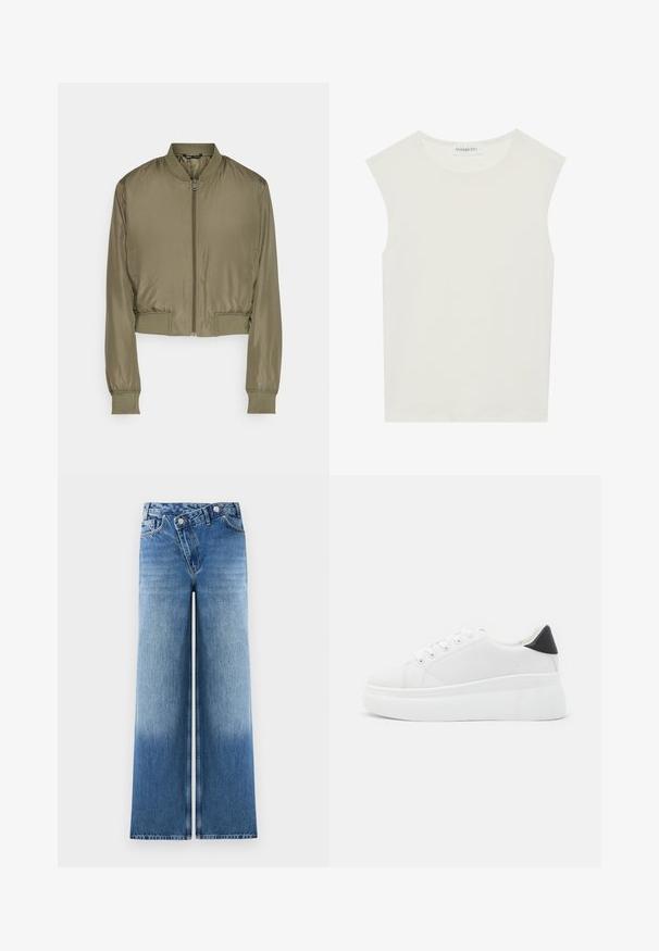 Zkrácená bomber bunda v olivově zelené barvě, vyrobená z hladké tkaniny. Má přední zip, žebrované manžety a žebrovaný lem.; Bílý bezrukávový top s kulatým výstřihem. Vyroben z hladkého materiálu, má volný střih a minimalistický design. Bez vzorů nebo akcentů.; Světle modré dívčí široké džínové kalhoty s vybledlým vzhledem, které mají klasický design s pěti kapsami a kovovými knoflíky na pase.; Bílé platformové tenisky vyrobené z hladkého syntetického materiálu, s kulatou špičkou, šněrováním a texturovanou gumovou podrážkou. Černý akcent na patě.