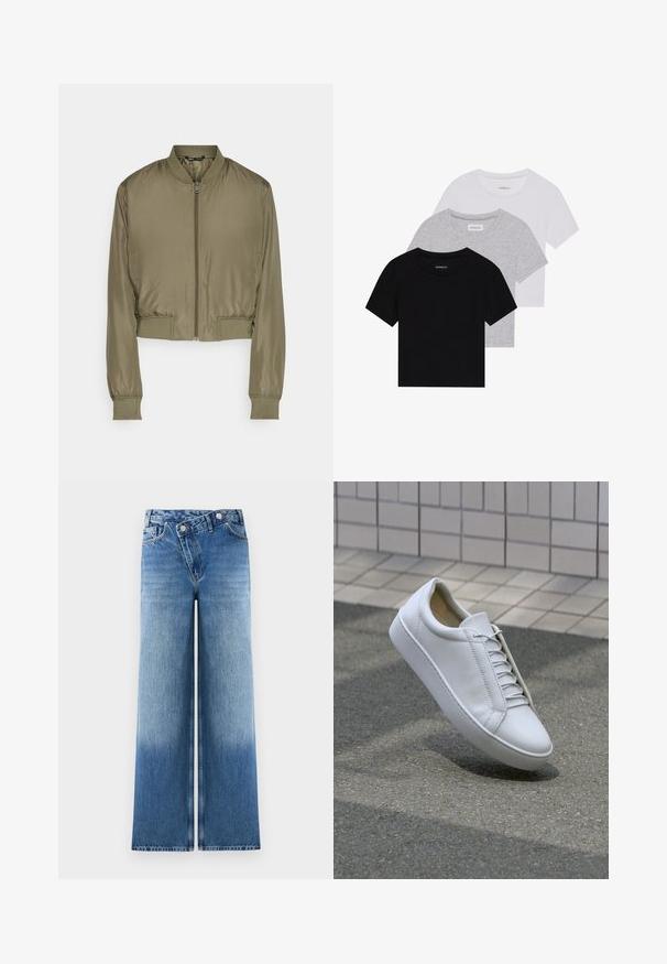Geknipte bomberjack in olijfgroen, gemaakt van een gladde stof. Voorzien van een rits aan de voorkant, geribde manchetten en een geribde zoom.; Set van drie korte mouwen t-shirts in zwart, grijs en wit. Gemaakt van katoen, met een ronde hals en een eenvoudig, effen kleurontwerp.; Lichtblauwe wijde jeans met een vervaagde wassing, voorzien van een klassieke vijf-pocketontwerp en metalen knoopaccenten bij de taille.; Witte lederen sneaker met een ronde neus, platte zool en zes paar veterogen. Glad textuur en minimalistisch ontwerp met stikseldetails.