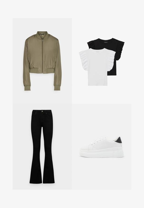 Krátka bomberská bunda v olivovej zelenej farbe, vyrobená z hladkej tkaniny. Obsahuje predný zips, rebrované manžety a rebrovaný lem.; Dvoje tričiek s krátkym rukávom: jedno čierne s volánikovými rukávmi, druhé biele s volánikovými rukávmi. Obe sú vyrobené z ľahkej bavlnenej tkaniny.; Čierne vysoké nohavice s gombíkom a zipsom, predné vrecká a rozšírené nohavice položené na bielom pozadí.; Biele platformové tenisky vyrobené z hladkého syntetického materiálu, so zaoblenou špičkou, šnurovacím dizajnom a textúrovanou gumovou podrážkou. Čierny akcent na päte.