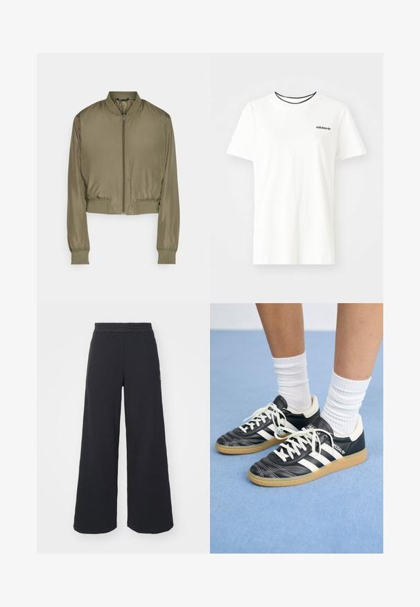 Krátka bomberská bunda v olivovej zelenej farbe, vyrobená z hladkej tkaniny. Obsahuje predný zips, rebrované manžety a rebrovaný lem.; Biela bavlnená tričko s krátkymi rukávmi a okrúhlym výstrihom. Obsahuje čierne logo Adidas na hrudi a kontrastný čierny vnútorný golier.; Čierne širšie tepláky vyrobené z mäkkej látky, s elastickým pásom a malým logom na ľavej strane.; Čierne kožené tenisky s bielymi pruhmi, okrúhlou špičkou, bielymi šnúrkami a gumovou podrážkou. Vyzdvihujú ich vypchávkovaný golier a detaily s logom.