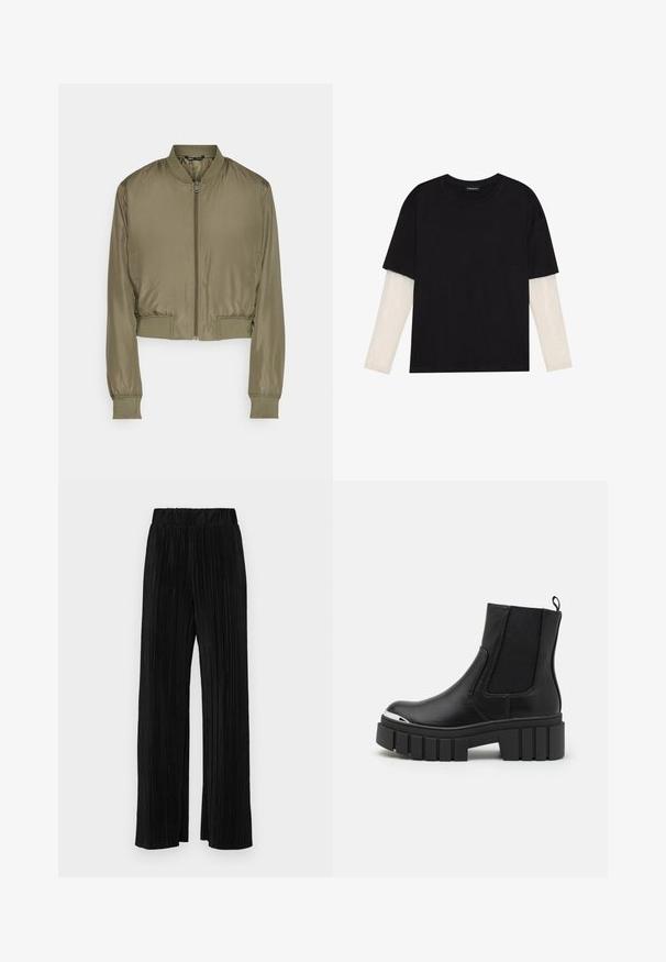 Abgeschnittene Bomberjacke in Olivgrün, aus glattem Stoff gefertigt. Mit einem Frontreißverschluss, gerippten Bündchen und einem gerippten Saum.; Schwarzes T-Shirt aus Baumwolle mit kurzen Ärmeln über einer weißen Langarmschicht, die ein dezentes strukturiertes Muster aufweist. Rundhalsausschnitt.; Schwarze plissierte Hose mit elastischem Bund. Verfügt über weite Hosenbeine und einen glatten, strukturierten Stoff mit vertikalen Streifen.; Schwarze Knöchelstiefel aus glattem Leder mit elastischen Einsätzen, einer dicken Plattformsohle und einer metallischen Zehenkappe.