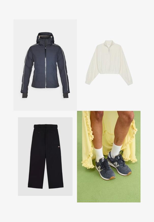 Marineisoleret jakke med hætte, frontlynlås og hvide sidelister. Har elastiske manchetter og laplommer. Glat stofstruktur.; Kort striktrøje i cremefarvet stof med høj krave, halvlynlås, elastisk kant og manchetter, glat tekstur og minimalistisk design.; Sorte bukser lavet af stof med en glat tekstur. Har et lige ben design, talje med bæltestropper og flere lommer.; Grå ruskindssneakers med hvide såler og mønstrede detaljer. Båret med hvide crew-sokker og en gul kjole med volanger. Grøn struktureret baggrund.