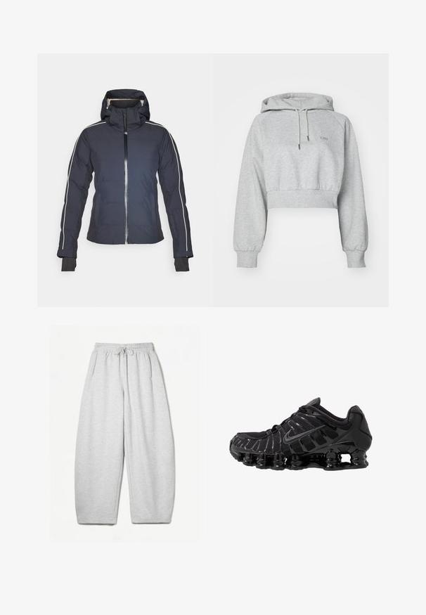 Granatowa ocieplana kurtka z kapturem, z zamkiem z przodu i białymi paskami po bokach. Posiada elastyczne mankiety i kieszenie naszywane. Gładka faktura materiału.; Szara, krótkotrwała bluza z kapturem, wykonana z miękkiego materiału, z przednią kieszenią, kapturem na sznurku i ściągaczami na rękawach. Dyskretne logo na klatce piersiowej.; Jasnoszare dresy o luźnym kroju, z elastycznym pasem, sznurkiem i bocznymi kieszeniami; wykonane z miękkiego, teksturowanego materiału.; Czarne buty sportowe z siateczkową cholewką i połyskującymi detalami. Posiadają wyprofilowane poduszki pod nogami i teksturowane linie po boku. Widoczna logo Nike.