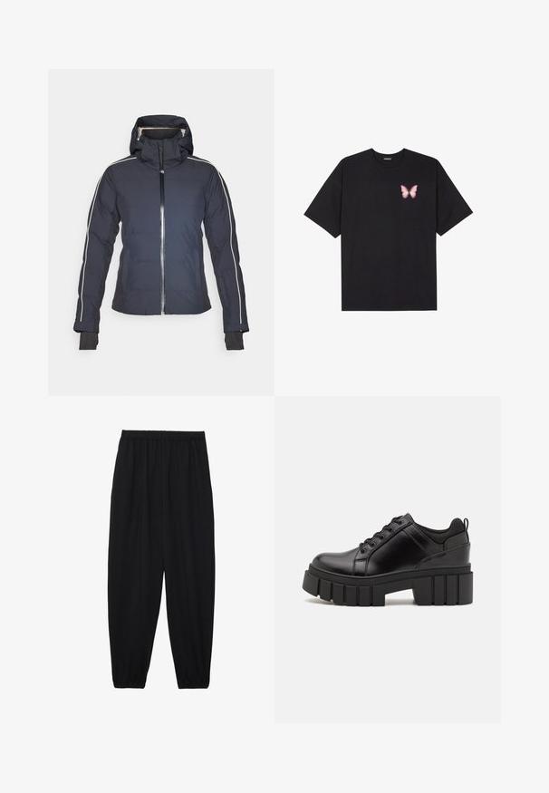 Jachetă izolată marină cu glugă, fermoar frontal și dungi albe pe laterale. Prezintă mansete elastice și buzunare cu clapă. Textură de țesătură netedă.; Tricou negru din bumbac cu mâneci scurte, având pe partea stângă a pieptului un mic grafic cu un fluture roz. Design cu guler rotund și croială lejeră.; Pantaloni negri, ușori, cu un brâu elastic și tivuri strânse. Materialul este neted și are un design relaxat, conic.; Pantofi cu talpă plată din piele neagră, cu toc gros, vârf rotund și design tradițional cu șireturi. Prezintă o textură netedă și detalii minime.