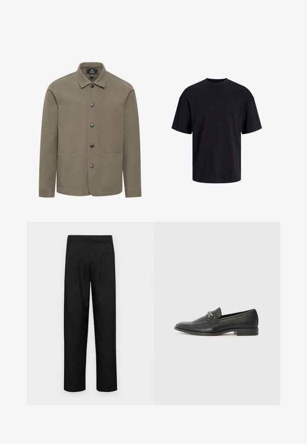 Olivgrön jacka i bomull med krage, knappstängning och två framfickor. Har en mjuk textur och enkel design.; Svart bomullströja med rundad halsringning, korta ärmar och avslappnad passform. Slät textur utan synliga mönster eller detaljer.; Svarta byxor i slät väv, med rak ben-design, två framfickor och standardmidja med bälteshällor.; Svart läderloafers med en slät yta, med en sydd design och en dekorativ metallkedjeaccent över västen. Platt häldesign.