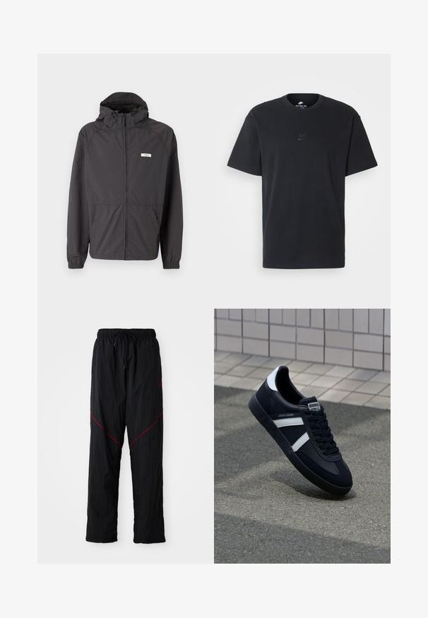 Black lightweight jacket with a hood, zip front, elastic cuffs, and two side pockets. Features a small logo on the chest.; Nike black cotton t-shirt with a classic crew neck, short sleeves, and a subtle, embossed logo on the chest. Smooth texture.; Black athletic pants with a textured finish, featuring a drawstring waist, red accent lines, and a loose fit.; Black leather sneaker with white stripes, textured rubber sole, and lace-up front. Features a branded label on the tongue.