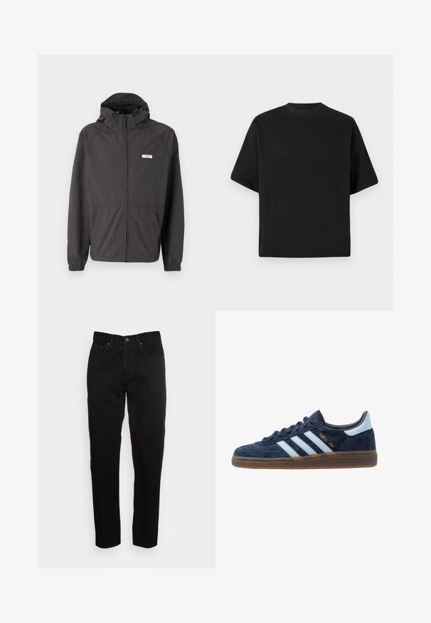 Černá lehká bunda s kapucí, zapínáním na zip vpředu, elastickými manžetami a dvěma bočními kapsami. Obsahuje malé logo na hrudi.; Černé tričko s krátkým rukávem v volném střihu, vyrobené z hladké bavlny, s kulatým výstřihem a minimalistickým designem.; Černé slim-fit džíny s předním zapínáním na knoflík a designem s pěti kapsami, vystavené na jednobarevném světle šedém pozadí.; Námořnické modré semišové tenisky Adidas s světle modrými pruhy, gumovou podrážkou, světle modrým patním poutkem a zlatým nápisem "Spezial" na boku.