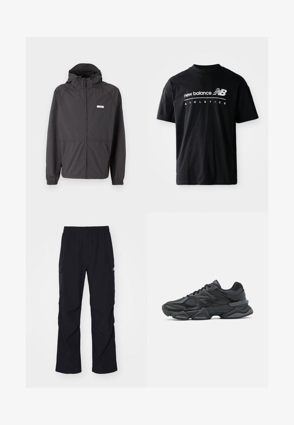 Giacca leggera nera con cappuccio, zip anteriore, polsini elasticizzati e due tasche laterali. Presenta un piccolo logo sul petto.; T-shirt in cotone nero con colletto a girocollo, maniche corte e grafiche testuali bianche "new balance" e "ATHLETICS" sul davanti.; Pantaloni cargo neri realizzati in materiale leggero, con vita elastica, tasche laterali e design a gamba dritta.; Scarpa da corsa nera con una combinazione di materiali in rete e sintetici, suola spessa, design curvo e marchio ben visibile sul lato.