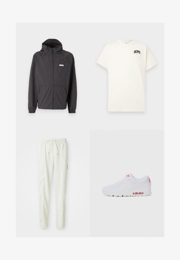 Black lightweight jacket with a hood, zip front, elastic cuffs, and two side pockets. Features a small logo on the chest.; Cream-colored cotton t-shirt with short sleeves, featuring "NIKE SB" in black and red text on the chest. Standard round neckline.; White slim-fit jogger pants with elastic waistband and drawstring, featuring side seam detailing and a small black patch on the right leg.; White athletic sneaker featuring a smooth upper, lace closure, cushioned sole, and a visible air unit with red accents on the branding.