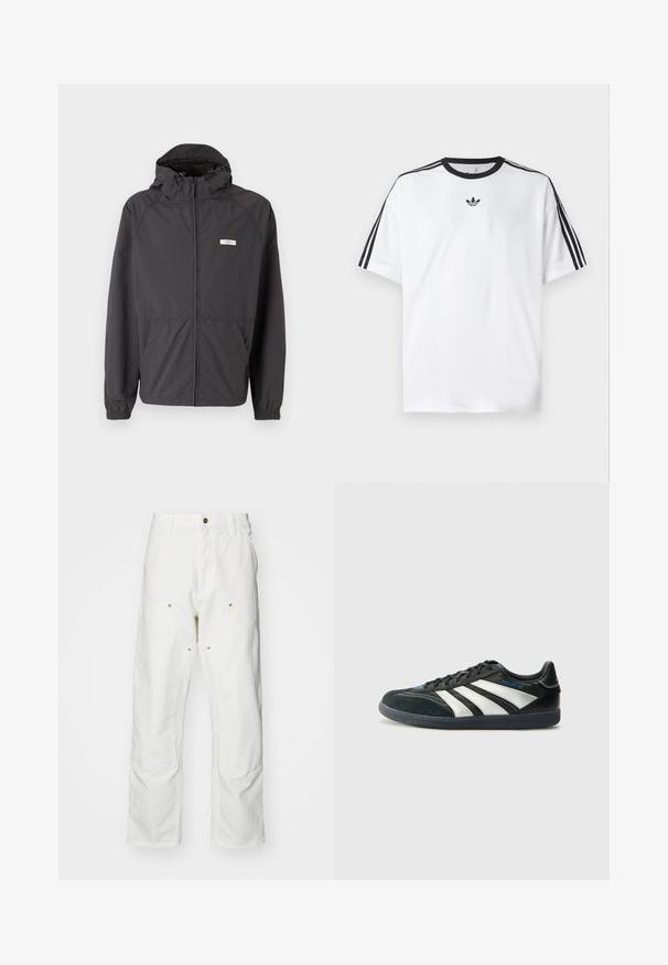 Čierna ľahká bunda s kapucňou, zipsom vpredu, elastickými manžetami a dvoma bočnými vreckami. Obsahuje malé logo na hrudi.; Biela tričko vyrobené z bavlny, so čiernym okrúhlym výstrihom a tromi čiernymi pruhmi na každom pleci. Malé čierne logo na hrudi.; Biele bavlnené cargo nohavice s voľným strihom. Medzi vlastnosti patrí predné vrecká, zlaté detaily a zosilnené kolenné časti.; adidas Performance PREDATOR FREESTYLE JUDE INDOOR FOOTBALL SHOES - Halové kopačky - core black/silver-coloured/glory blue
