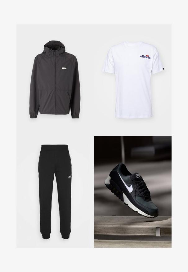 Jachetă ușoară de culoare neagră, cu glugă, fermoar frontale, manșete elastice și două buzunare laterale. Are un logo mic pe piept.; Tricou alb din bumbac cu mâneci scurte, având un logo brodat de culoare albastru închis pe partea stângă a pieptului și un accent de culoare vibrantă deasupra logo-ului.; Pantaloni de trening negri dintr-un material moale au un design cu picioare conice, talie elastică, buzunare laterale cu fermoar și un accent mic cu logo.; Adidași negri și verzi cu o parte superioară din plasă cu model, logo alb în formă de swoosh, guler căptușit și o unitate de amortizare vizibilă în talpă.